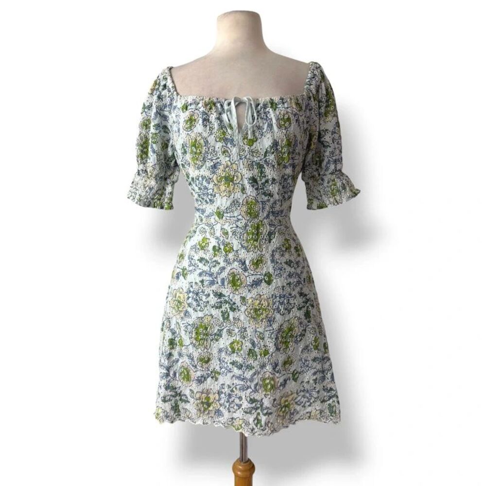 7 For All Mankind Cottagecore Floral Eyelet Milkmaid Puff Sleeve Mini Dress M